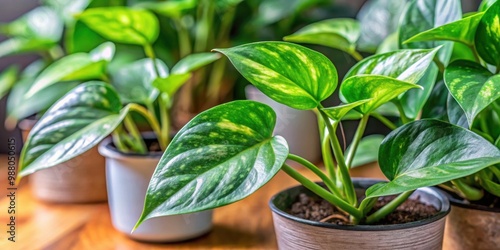 Close-up of Epipremnum Njoy pothos houseplant propagating in small plants indoors, indoor plants, houseplants