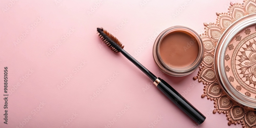 Eyebrow pomade with henna-like effect and tools on pink backdrop, eyebrow, pomade, henna, effect, tools, pink, backdrop Eyebrow pomade with henna-like effect and tools on pink backdrop, eyebrow, pomade, henna, effect, tools, pink, backdrop