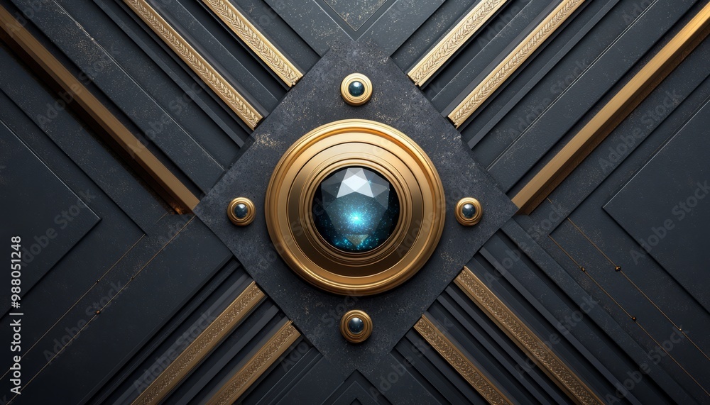 A Blue Gemstone Enclosed in a Golden Frame Against a Black and Gold Geometric Background A Blue Gemstone Enclosed in a Golden Frame Against a Black and Gold Geometric Background