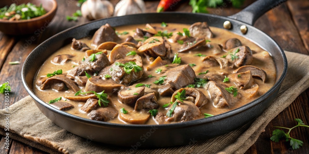 Close-up of frying beef stroganoff with mushrooms in a pan, beef, stroganoff, mushrooms, cooking, food, meat, dinner Close-up of frying beef stroganoff with mushrooms in a pan, beef, stroganoff, mushrooms, cooking, food, meat, dinner