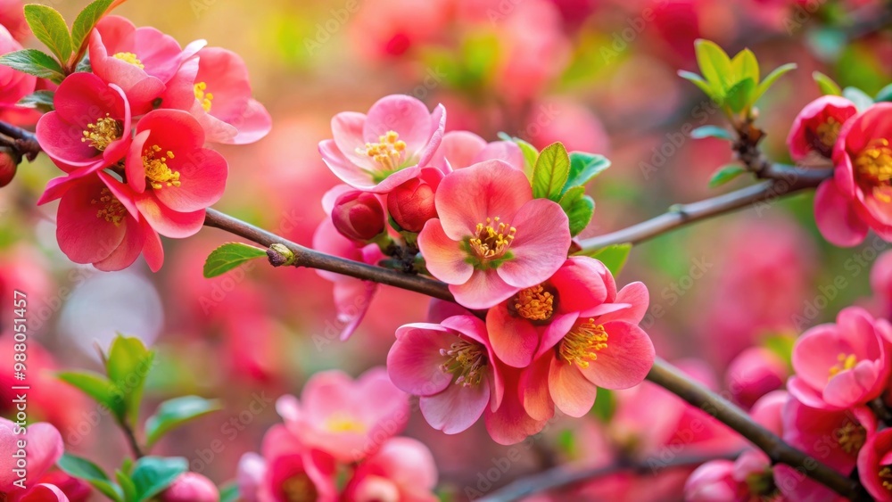 Vibrant blooming Japanese quince with bright pink flowers, Quince, Blooming, Japanese, Bright, Pink, Flowers, Spring, Garden Vibrant blooming Japanese quince with bright pink flowers, Quince, Blooming, Japanese, Bright, Pink, Flowers, Spring, Garden