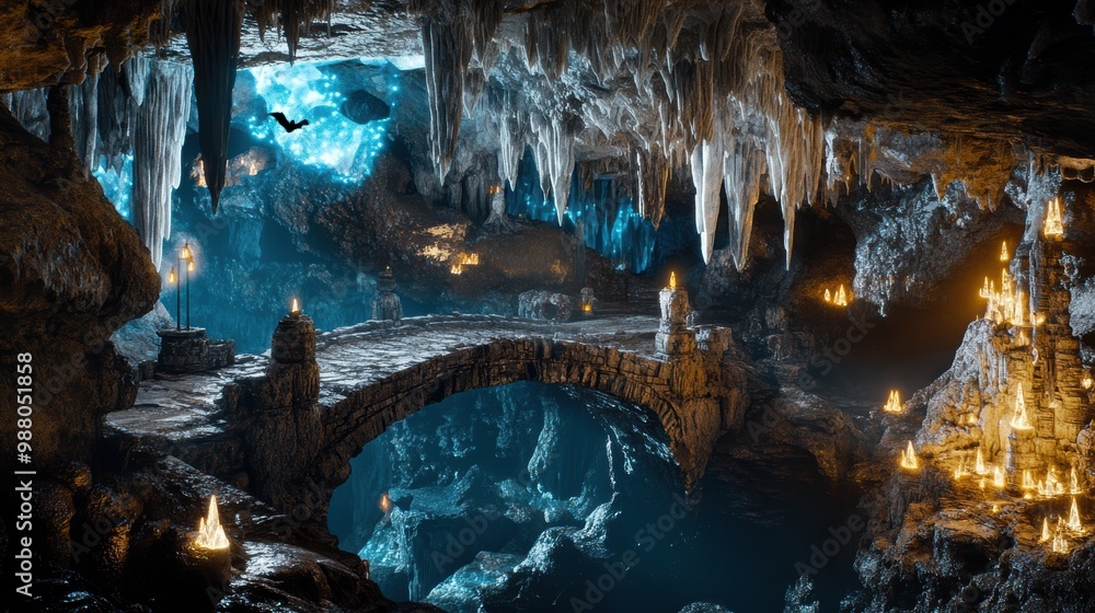 Fototapeta premium Grand Cavern with Stone Bridge, Chasm, and Glowing Crystals