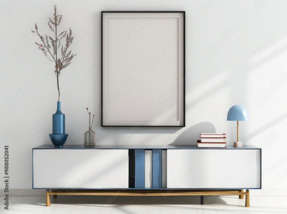 Modern living room interior with a stylish white and blue sideboard and an empty picture frame on the wall. 3D illustration Modern living room interior with a stylish white and blue sideboard and an empty picture frame on the wall. 3D illustration