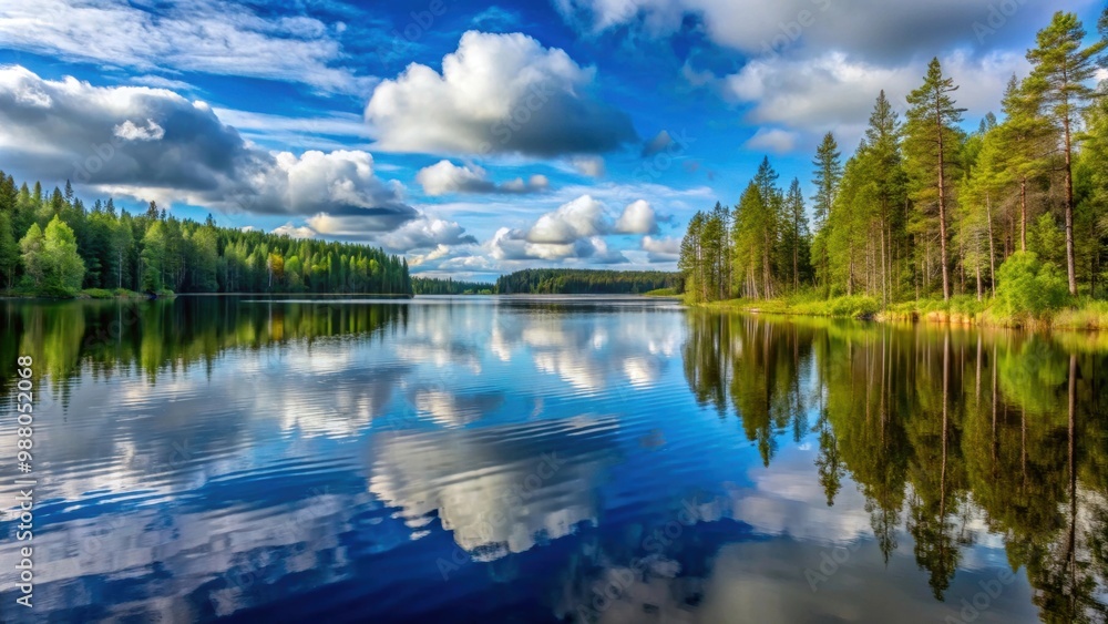 Fototapeta premium Tranquil lake in Karelia with cloudy blue sky, surrounded by a forest of trees and fir-trees, calm, serene, peaceful, Karelia, lake