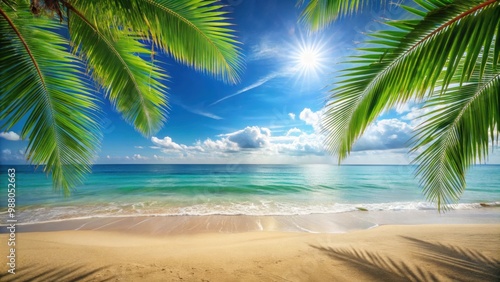 Sandy beach with palm leaves against a peaceful ocean backdrop, beach, sandy, palm leaves, tropical, sea, ocean, vacation