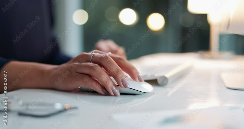 Business, hands and scroll on mouse with click for survey, company update or information review in office. Woman, selection and tech at table for communication, feedback and online report or agenda