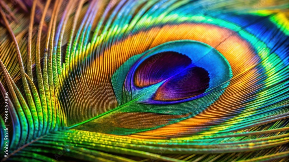 Naklejka premium Colorful natural peacock feather macro close-up, beauty, vibrant, iridescent, nature, bird, plumage, exotic, texture