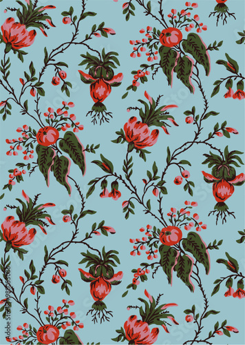 Vintage floral pattern with red and pink flowers on a blue background. perfect for wallpaper or fabric.