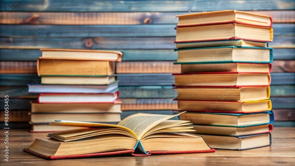 Obraz premium A hardcover book resting on a stack of various books, education, literature, reading, library, knowledge, stack, tabletop