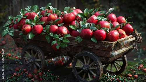 Red Apples in a Rustic Wooden Cart: A Harvest Bounty