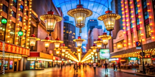 Defocused vintage electric lamps glowing at night on Freemont street, Las Vegas USA, retro, casino, decoration photo