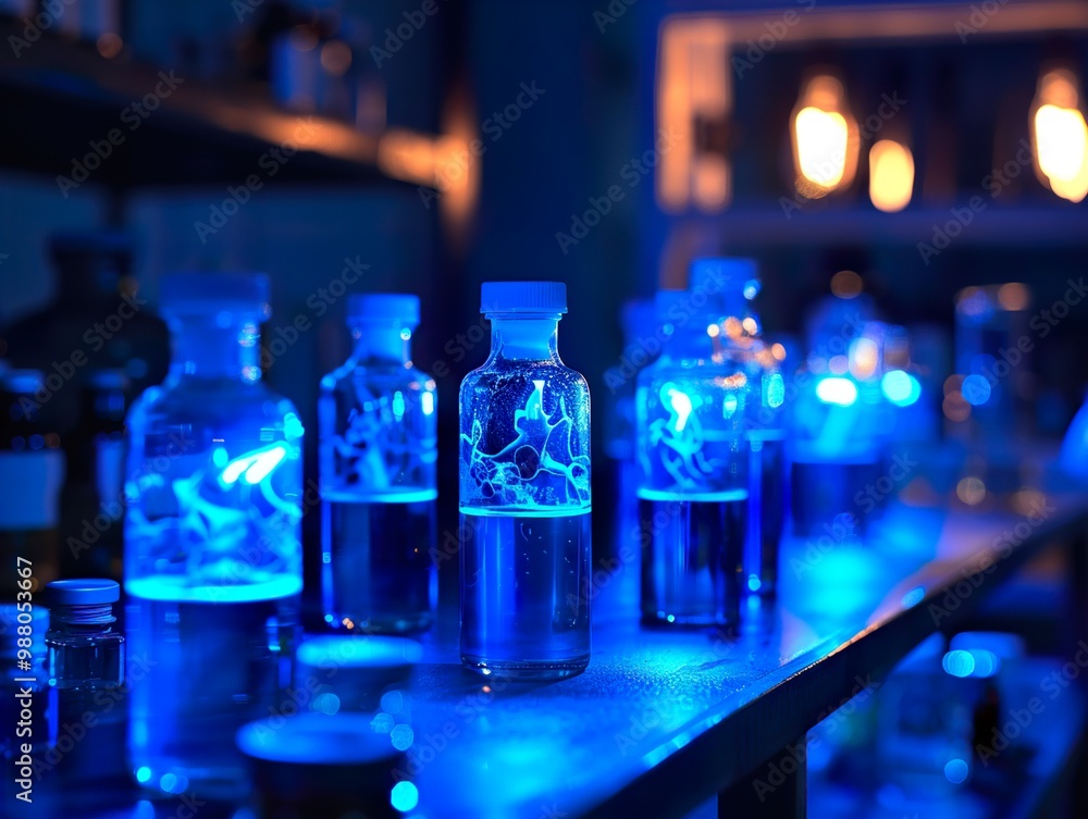 Glowing Blue Liquid in Glass Bottles in a Science Lab Glowing Blue Liquid in Glass Bottles in a Science Lab