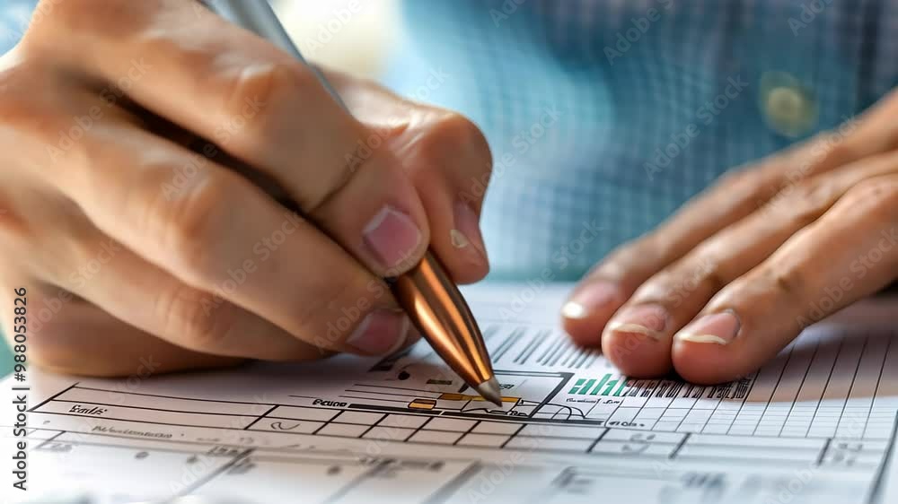 A close-up of hands gripping a sleek pen, focused on a well-organized document filled with graphs and checkboxes, set against a blurred office backdrop. Perfect for work-related themes. A close-up of hands gripping a sleek pen, focused on a well-organized document filled with graphs and checkboxes, set against a blurred office backdrop. Perfect for work-related themes.