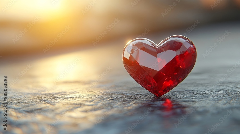 A gleaming red heart shaped gemstone sits on a textured surface with a golden glow in the background A gleaming red heart shaped gemstone sits on a textured surface with a golden glow in the background