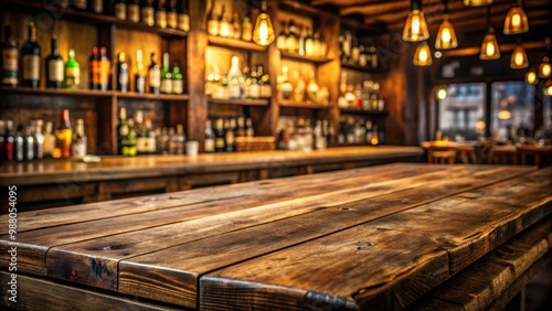 Empty wooden table with rustic background in a bar or pub setting , rustic, blurred, background