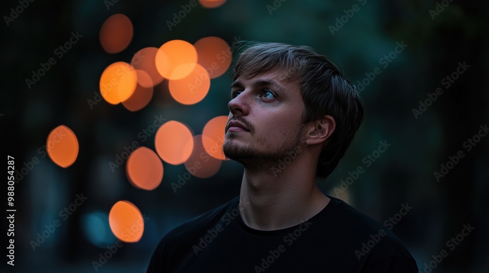 A young man gazes upward, illuminated by soft bokeh lights in a serene outdoor setting. A young man gazes upward, illuminated by soft bokeh lights in a serene outdoor setting.