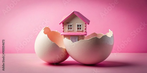 House in pink broken eggshell , house, pink, broken, eggshell,, art, concept, surreal, fantasy, dreamy, unique photo