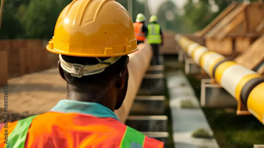 A construction worker in a bright orange and green safety vest and yellow hard hat stands observing colleagues working on large pipelines, showcasing teamwork and safety in infrastructure development. A construction worker in a bright orange and green safety vest and yellow hard hat stands observing colleagues working on large pipelines, showcasing teamwork and safety in infrastructure development.