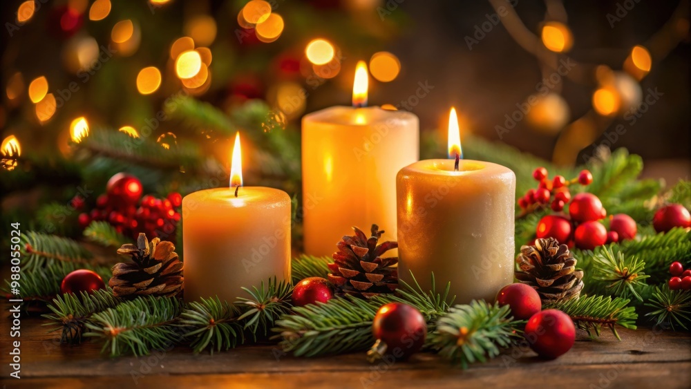 Close-up of holiday candles glowing in the dark, creating a warm and festive atmosphere, candle, light, background, flame Close-up of holiday candles glowing in the dark, creating a warm and festive atmosphere, candle, light, background, flame