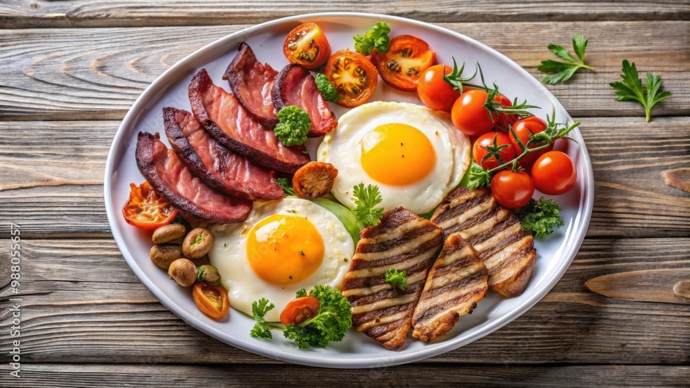 Fried eggs with bacon, grilled beef and vegetables on a plate , breakfast, cooking, food, delicious, meal, protein, hearty Fried eggs with bacon, grilled beef and vegetables on a plate , breakfast, cooking, food, delicious, meal, protein, hearty