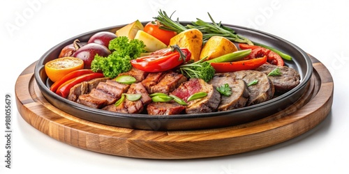 Hot meat and vegetables served on a white plate , food, meal, dinner, hot, cooked, grilled, delicious, tasty, plate