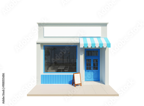 A small, simple white one-story shop with blue doors, windows, and an awning. The shop has a name sign, on white background. with clipping path. 3D rendering