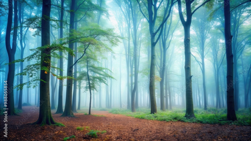Naklejka premium Foggy trees on a misty morning in a forest, fog, trees, mist, nature, eerie, spooky, atmospheric, woods, blurred, hazy