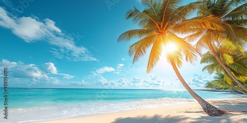 A serene tropical paradise with palm trees swaying in the gentle breeze, their shadows dancing on the pristine white sand beach as the sun casts a golden glow over the turquoise waters
