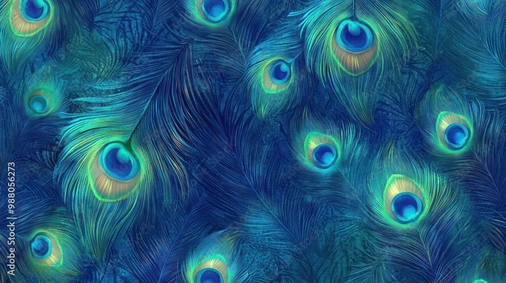 Obraz premium A vibrant pattern of peacock feathers showcasing intricate details and colors.