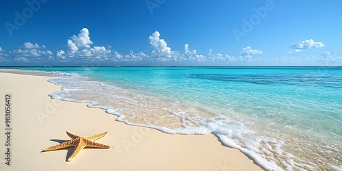 A single starfish lies on the pristine white sand beach, the turquoise water gently lapping at the shore and the blue sky dotted with fluffy clouds