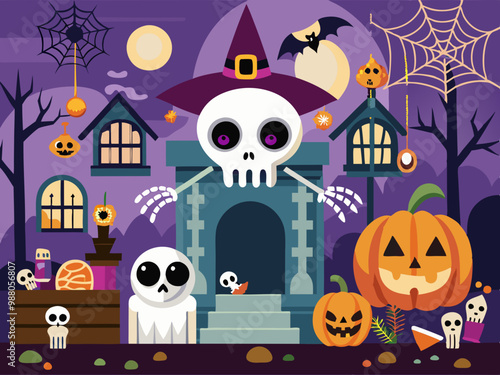 Horror silhouettes. Scary halloween decor skulls and skeletons, witch hats, black cats, crows and graveyard coffins. Spooky house vector 