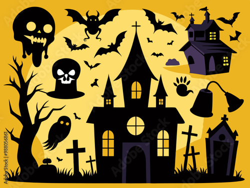 Horror silhouettes. Scary halloween decor skulls and skeletons, witch hats, black cats, crows and graveyard coffins. Spooky house vector 