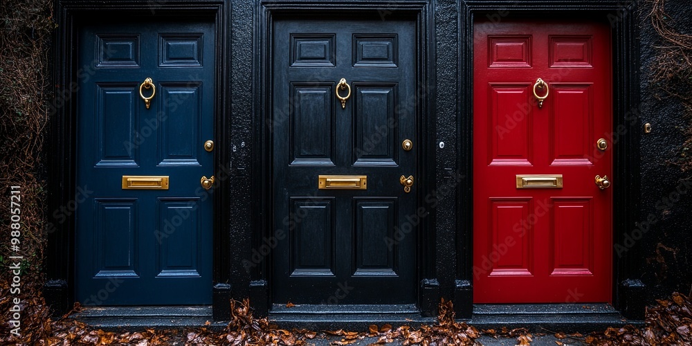 A trio of doors, each with a unique hue, stand side-by-side, their contrasting colors creating a vibrant visual spectacle A trio of doors, each with a unique hue, stand side-by-side, their contrasting colors creating a vibrant visual spectacle