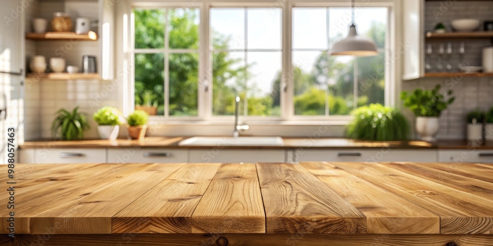 Wooden table top in focus with a blurred kitchen window in the background, wood, table, top, kitchen, window, background, interior Wooden table top in focus with a blurred kitchen window in the background, wood, table, top, kitchen, window, background, interior