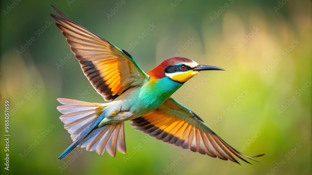 Obraz premium European bee eater bird gracefully flying with vibrant colors , Merops apiaster, bird, flying, European, bee eater, vibrant
