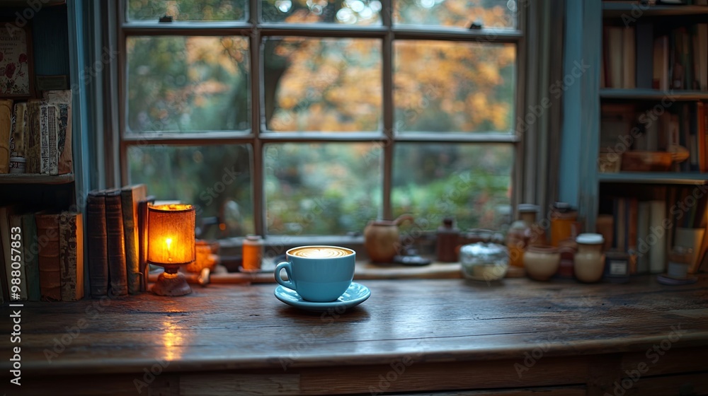 A warm cup of coffee sits on a wooden table by a window with soft light filtering through the blinds, inviting relaxation and a quiet moment A warm cup of coffee sits on a wooden table by a window with soft light filtering through the blinds, inviting relaxation and a quiet moment