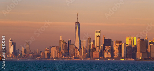 Lower Manhattan with Freedom Tower. World Trade Center over Hudson river. NY with World Trade Center tower.