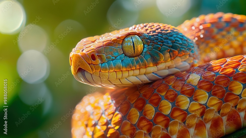 A close-up of a vibrant, colorful snake with intricate scales and a striking gaze. A close-up of a vibrant, colorful snake with intricate scales and a striking gaze.