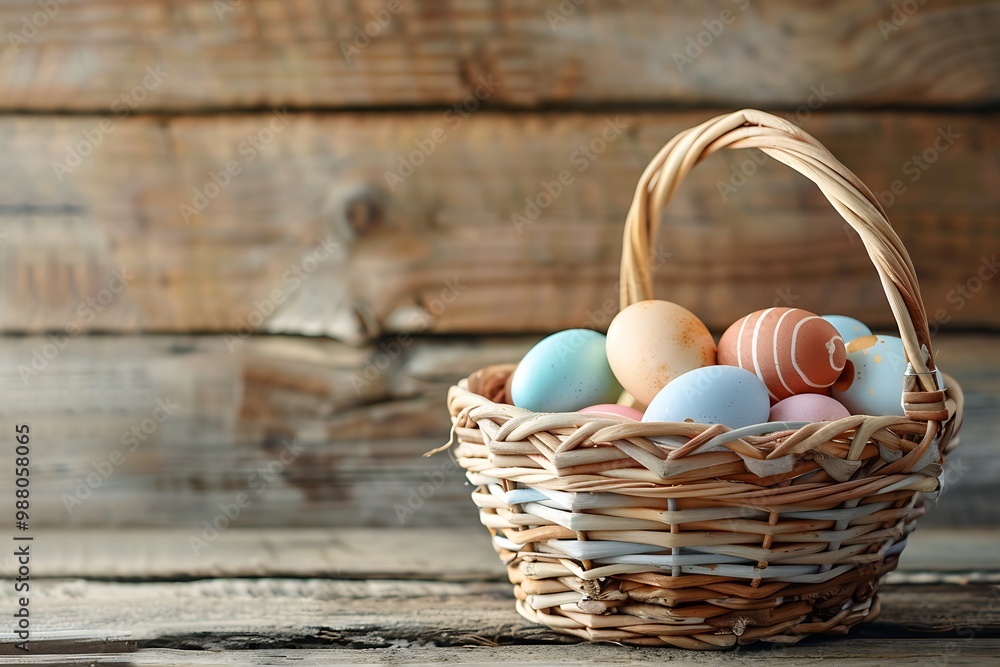 Easter eggs in a basket on a wooden background. Easter eggs in a basket on a wooden background.