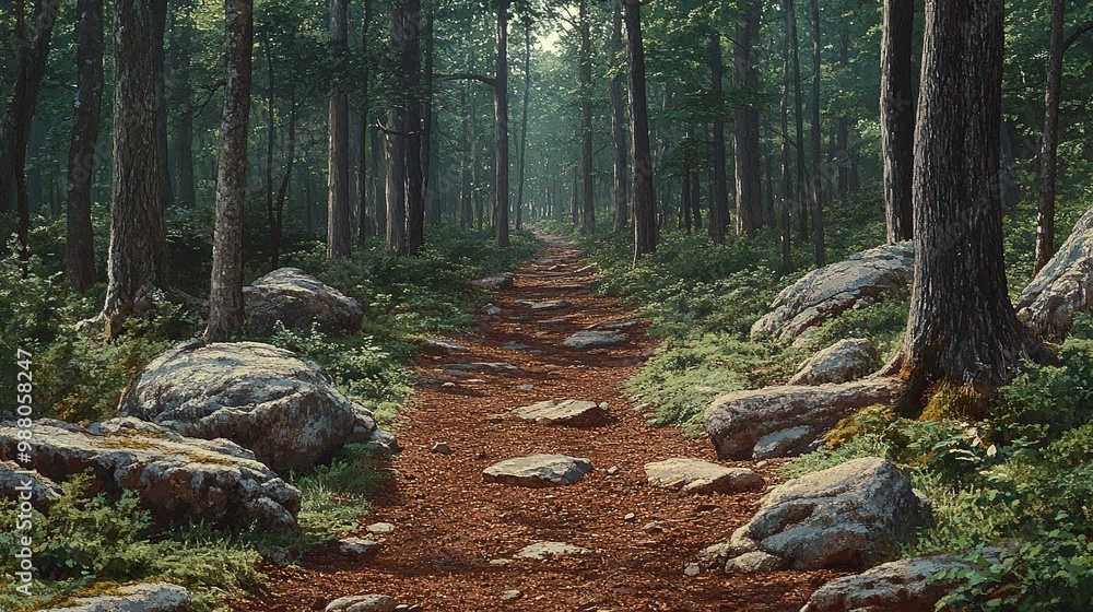 A winding path through a dense forest with dappled sunlight filtering through the canopy, highlighting the moss-covered rocks along the way A winding path through a dense forest with dappled sunlight filtering through the canopy, highlighting the moss-covered rocks along the way