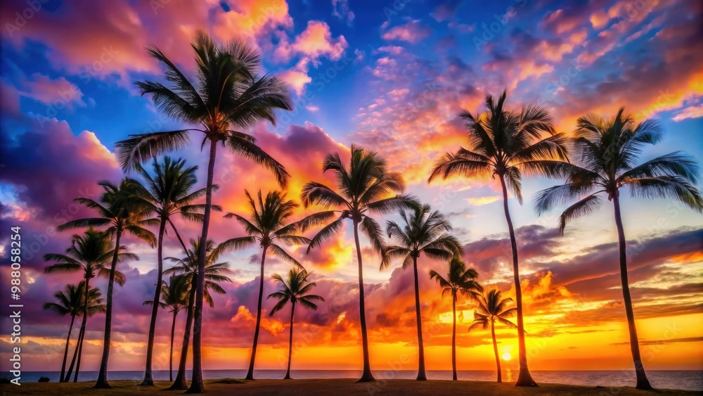 Palm trees silhouetted against a colorful sky in Kauai Hawaii at sunrise, Tropical, Morning, Sunrise, Palm Trees, Kauai Palm trees silhouetted against a colorful sky in Kauai Hawaii at sunrise, Tropical, Morning, Sunrise, Palm Trees, Kauai