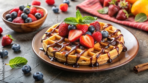 Delicious waffle topped with fresh fruit and drizzled with chocolate sauce, waffle, fruit, chocolate sauce, dessert, breakfast