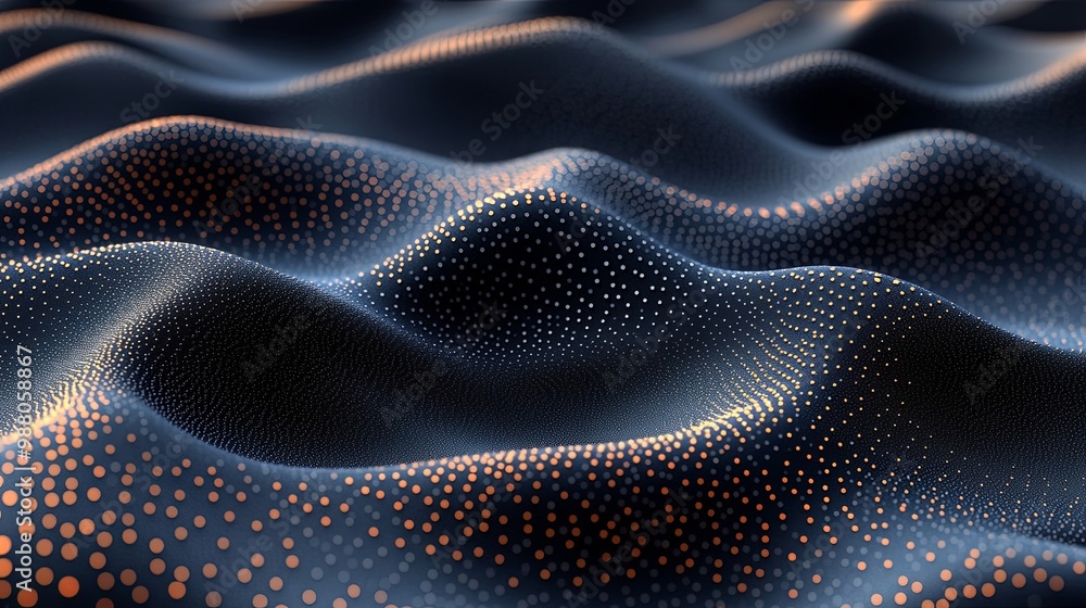 Abstract digital landscape with flowing, textured waves formed by dots of light Abstract digital landscape with flowing, textured waves formed by dots of light