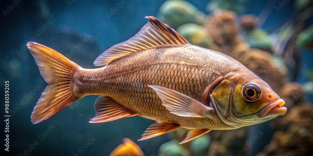 Naklejka premium Brown sick fish with bitten tail swims in aquarium, sick, fish, brown, tail, bitten, aquarium, water, disease, treatment