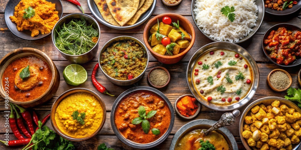 Fototapeta premium Traditional Indian cuisine with various colorful and flavorful dishes , Indian, food, spices, curry, naan, rice