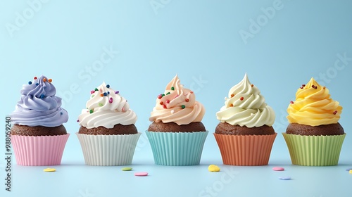 Five Colorful Cupcakes with Sprinkles on a Light Blue Background