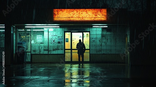 Mysterious Figure at a Rainy Shop Entrance at Night