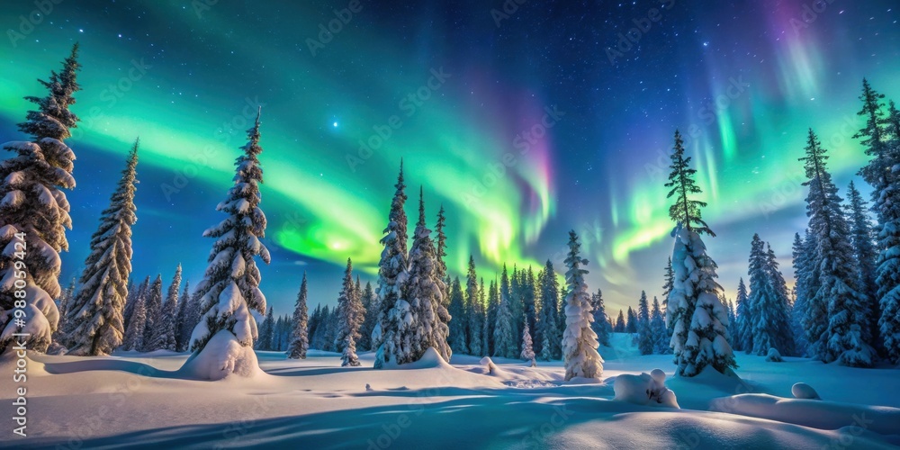 Northern lights dancing over a snow-covered pine tree forest in a ...