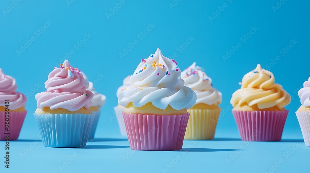 Five Colorful Cupcakes with Sprinkles on a Blue Background Five Colorful Cupcakes with Sprinkles on a Blue Background