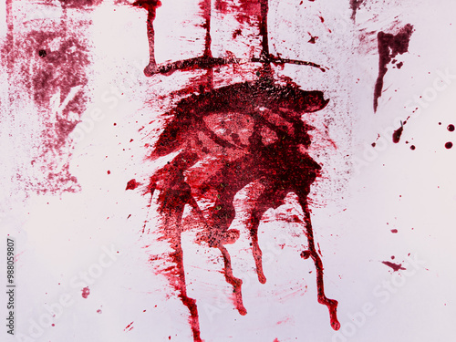 bloody walls. scary criminal concept, dried blood splashes on white cement walls. Crime, murder, Blood splatter, horror wall, scary bloody wall